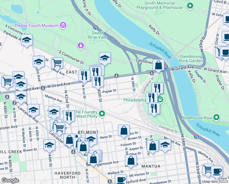 map of restaurants, bars, coffee shops, grocery stores, and more near 3910 Poplar Street in Philadelphia