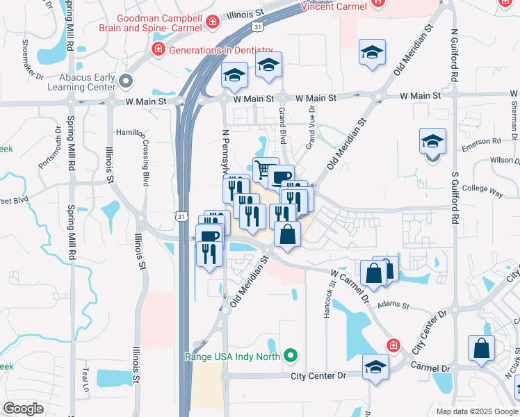 map of restaurants, bars, coffee shops, grocery stores, and more near 1424 West Carmel Drive in Carmel