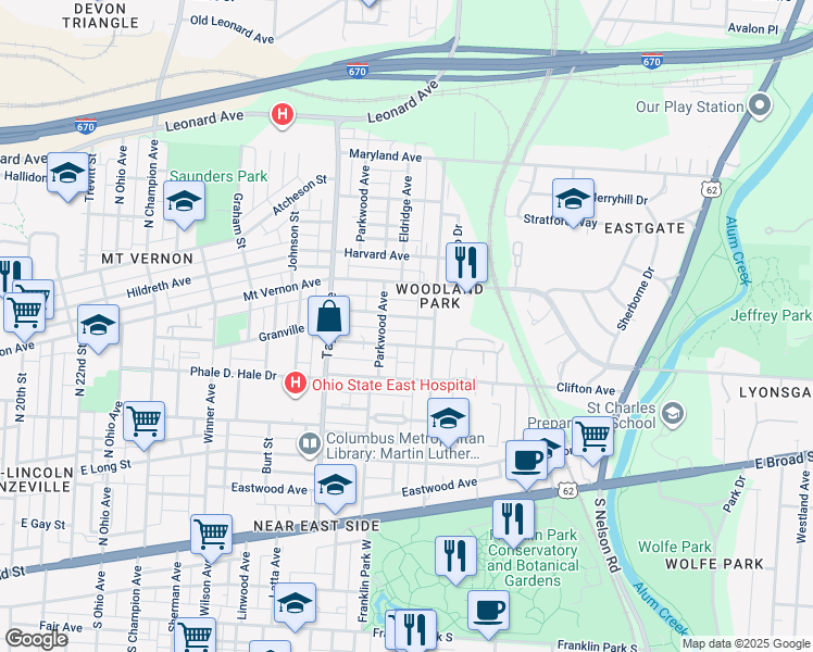 map of restaurants, bars, coffee shops, grocery stores, and more near 1645 Granville Street in Columbus