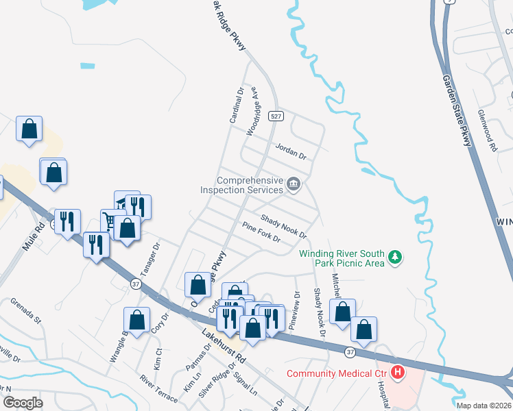 map of restaurants, bars, coffee shops, grocery stores, and more near 66 Oak Ridge Parkway in Toms River