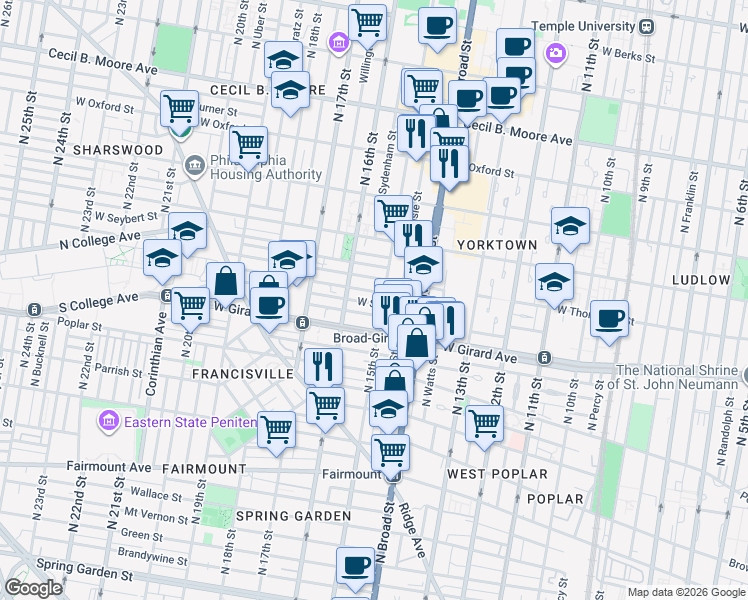 map of restaurants, bars, coffee shops, grocery stores, and more near 1538 West Thompson Street in Philadelphia