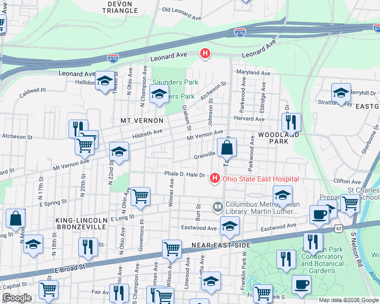 map of restaurants, bars, coffee shops, grocery stores, and more near 1395 Mount Vernon Avenue in Columbus