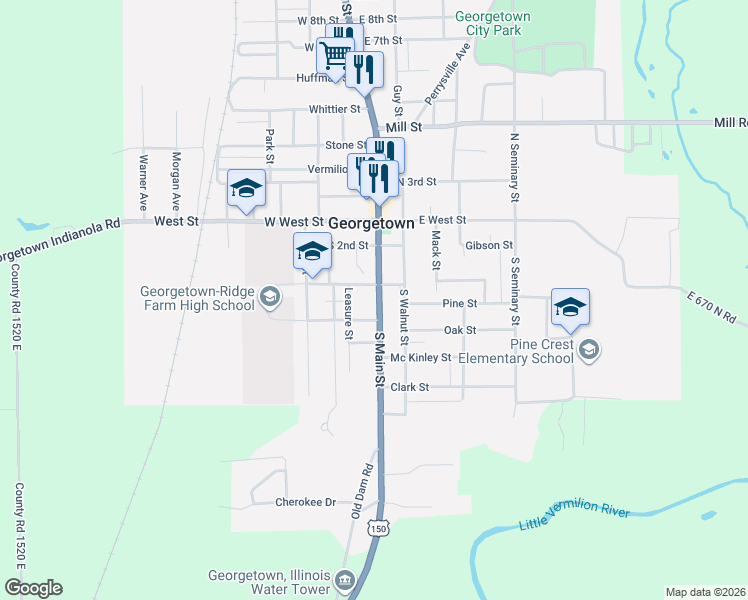map of restaurants, bars, coffee shops, grocery stores, and more near 101-105 West Mulberry Street in Georgetown