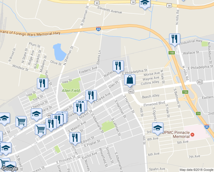map of restaurants, bars, coffee shops, grocery stores, and more near 1152 East Philadelphia Street in York