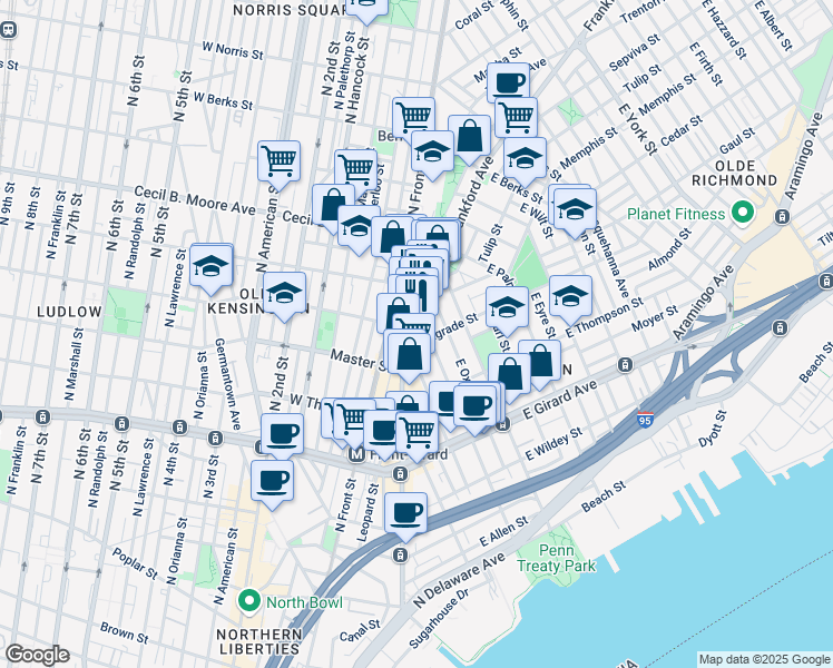 map of restaurants, bars, coffee shops, grocery stores, and more near 1405 Frankford Avenue in Philadelphia