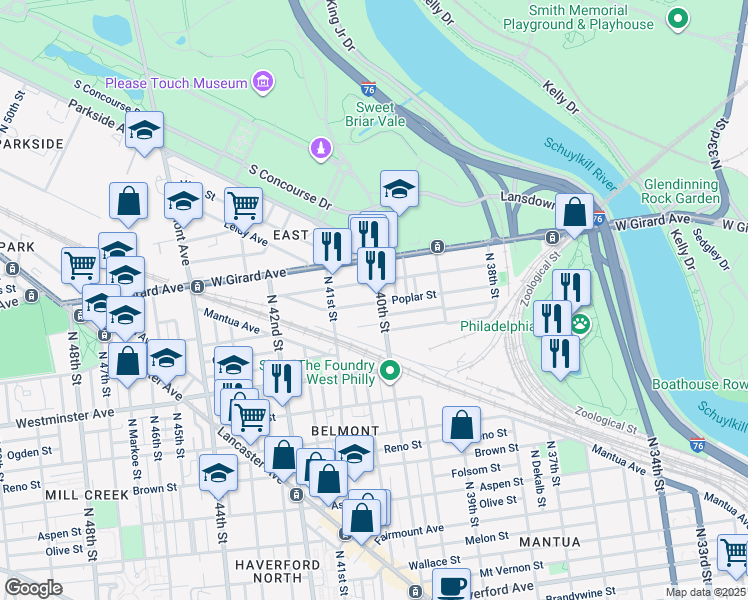 map of restaurants, bars, coffee shops, grocery stores, and more near 1100 North 40th Street in Philadelphia