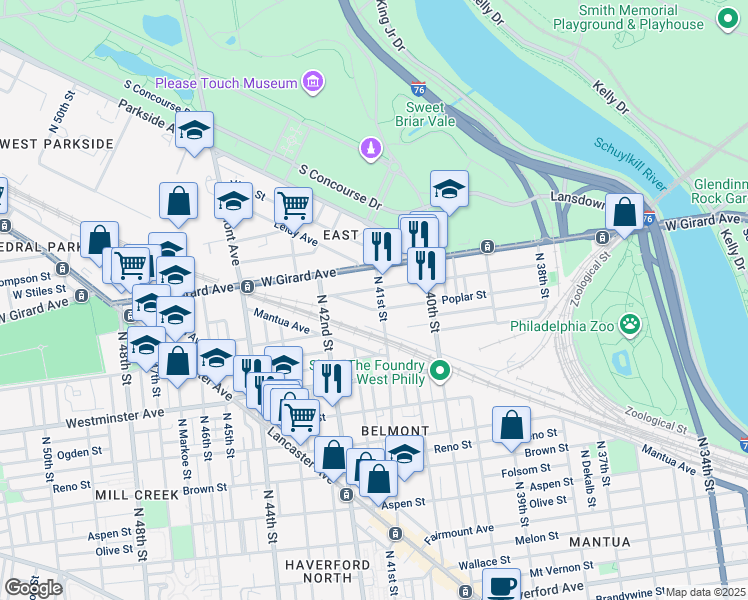 map of restaurants, bars, coffee shops, grocery stores, and more near 1110 North 41st Street in Philadelphia