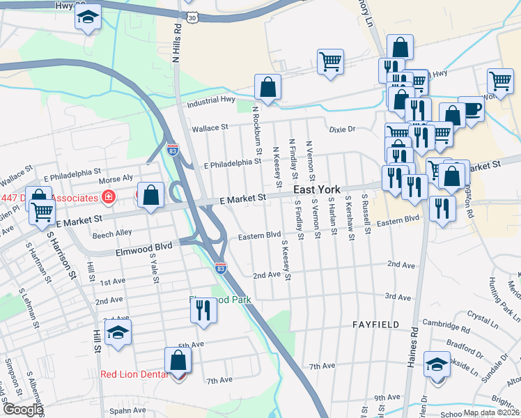 map of restaurants, bars, coffee shops, grocery stores, and more near 1901 Pennsylvania 462 in East York