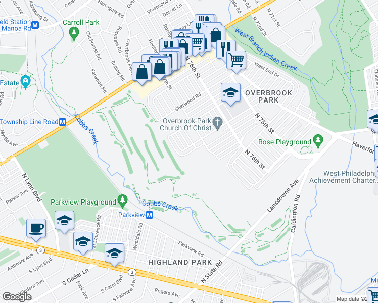 map of restaurants, bars, coffee shops, grocery stores, and more near 7742 Woodbine Avenue in Philadelphia