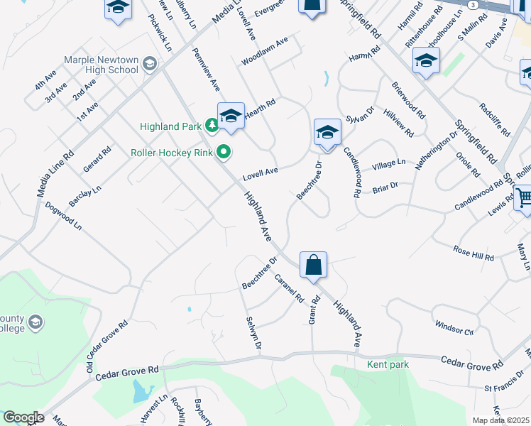 map of restaurants, bars, coffee shops, grocery stores, and more near 2785 Highland Avenue in Broomall