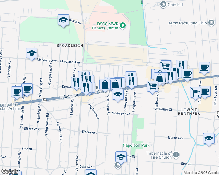 map of restaurants, bars, coffee shops, grocery stores, and more near 3442 East Broad Street in Columbus