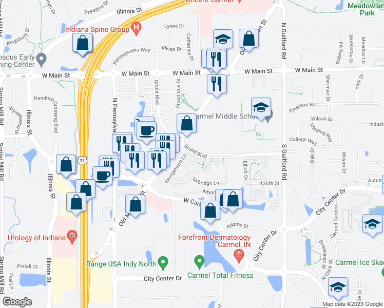 map of restaurants, bars, coffee shops, grocery stores, and more near 1170 Cavendish Drive in Carmel