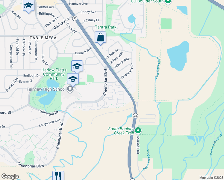map of restaurants, bars, coffee shops, grocery stores, and more near 1504 Chambers Drive in Boulder
