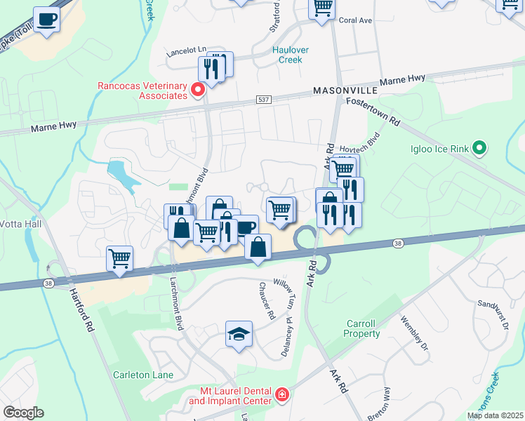 map of restaurants, bars, coffee shops, grocery stores, and more near 1681A Thornwood Drive in Mount Laurel Township