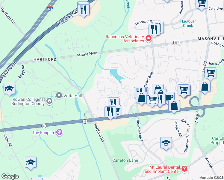 map of restaurants, bars, coffee shops, grocery stores, and more near 2717A Sussex Court in Mount Laurel Township