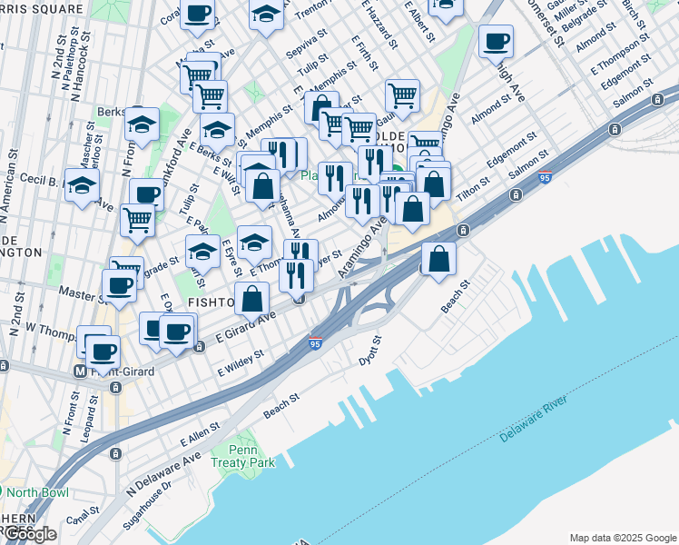 map of restaurants, bars, coffee shops, grocery stores, and more near 1237 East Fletcher Street in Philadelphia