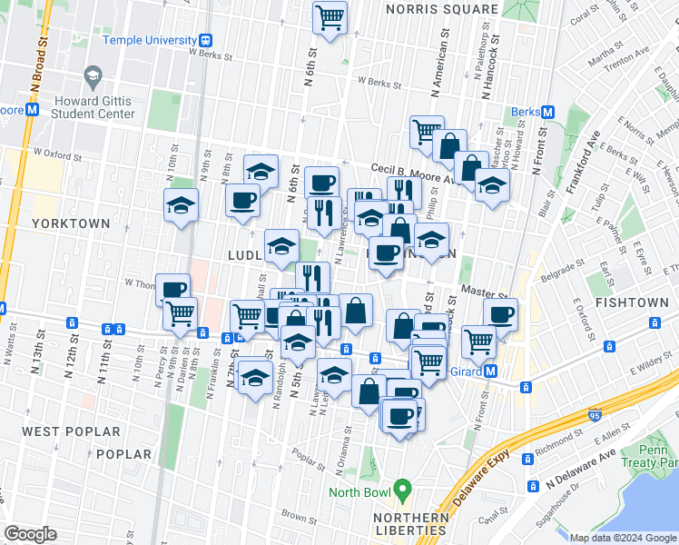 map of restaurants, bars, coffee shops, grocery stores, and more near 1435 North 5th Street in Philadelphia
