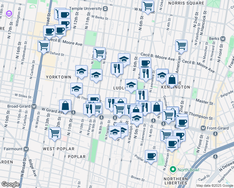 map of restaurants, bars, coffee shops, grocery stores, and more near 1412 North Franklin Street in Philadelphia