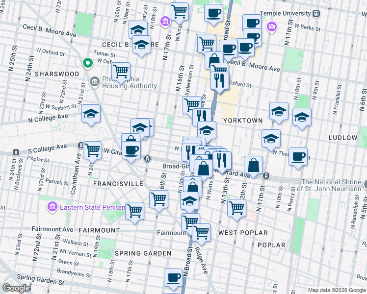 map of restaurants, bars, coffee shops, grocery stores, and more near 1303 North 15th Street in Philadelphia