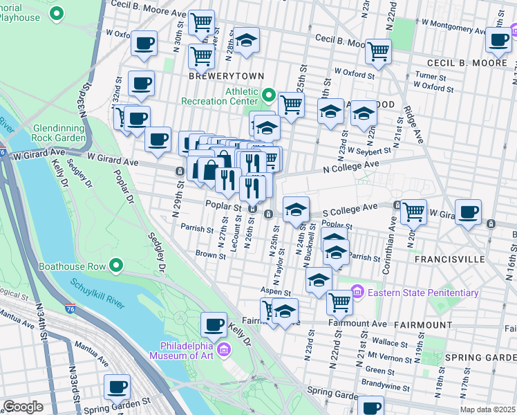 map of restaurants, bars, coffee shops, grocery stores, and more near 940 North Bambrey Street in Philadelphia