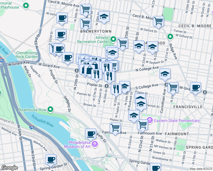 map of restaurants, bars, coffee shops, grocery stores, and more near 2511 West Girard Avenue in Philadelphia