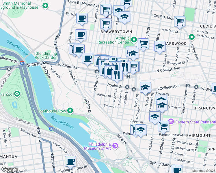 map of restaurants, bars, coffee shops, grocery stores, and more near in Philadelphia