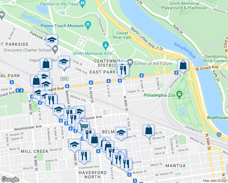 map of restaurants, bars, coffee shops, grocery stores, and more near 4053 Cambridge Street in Philadelphia