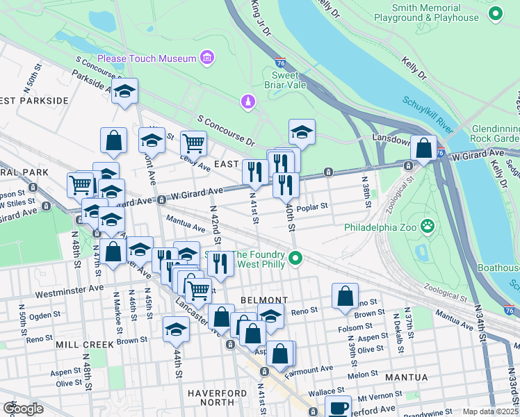 map of restaurants, bars, coffee shops, grocery stores, and more near 4053 Cambridge Street in Philadelphia