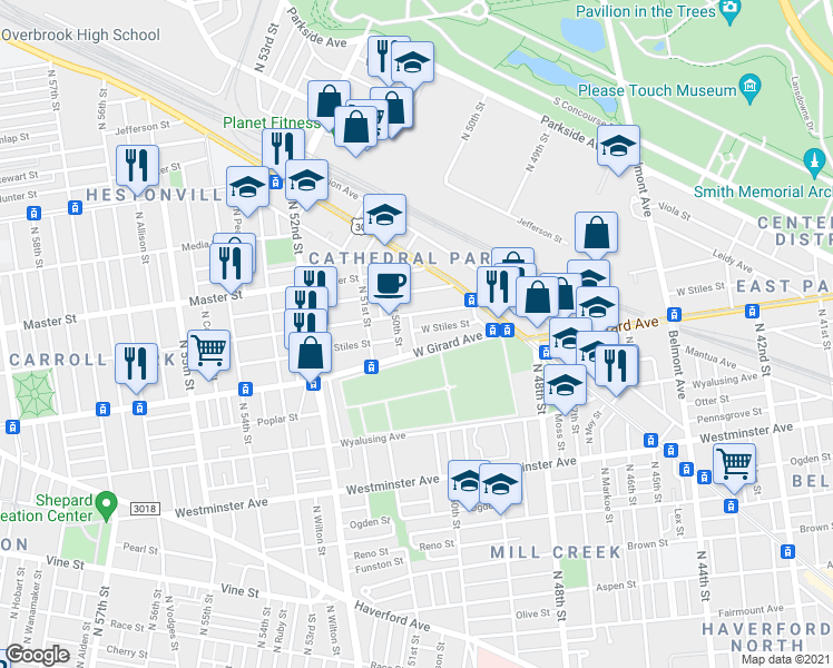 map of restaurants, bars, coffee shops, grocery stores, and more near 4973 West Thompson Street in Philadelphia