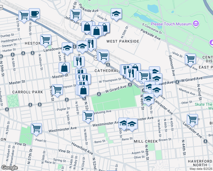 map of restaurants, bars, coffee shops, grocery stores, and more near 4973 West Thompson Street in Philadelphia