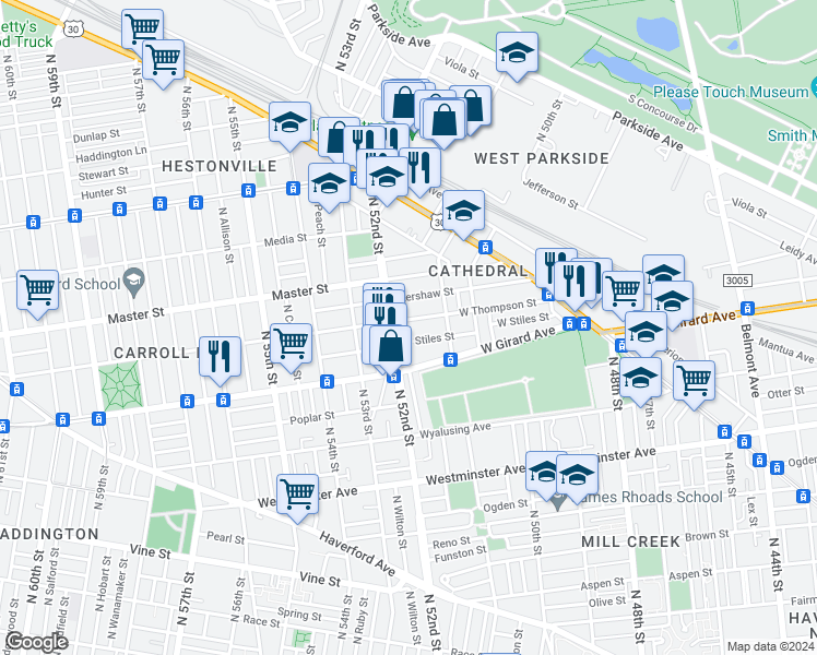 map of restaurants, bars, coffee shops, grocery stores, and more near 5132 Kershaw Street in Philadelphia