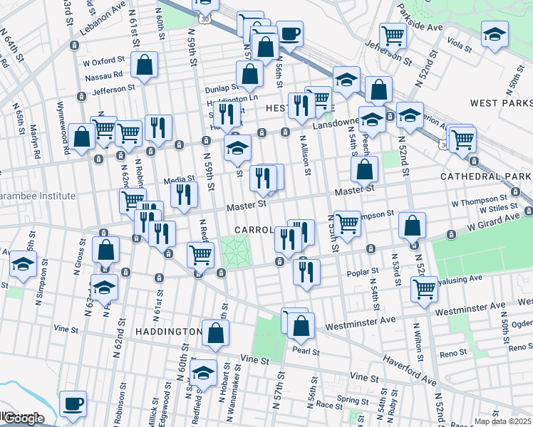 map of restaurants, bars, coffee shops, grocery stores, and more near 5719 Master Street in Philadelphia