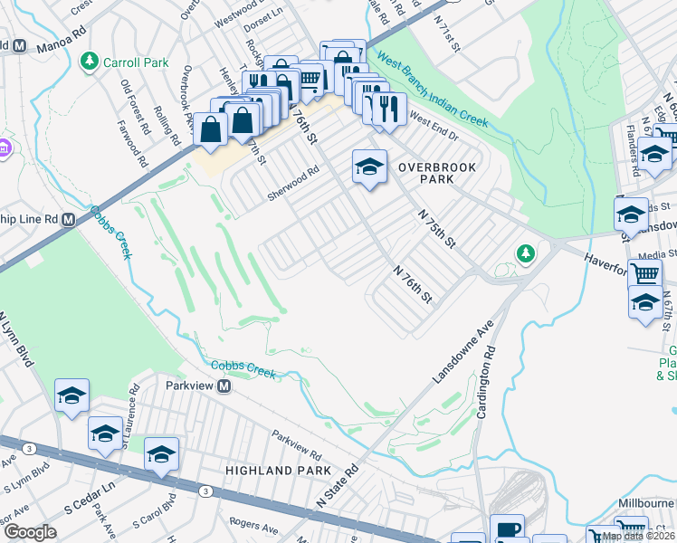 map of restaurants, bars, coffee shops, grocery stores, and more near 7645 Woodcrest Avenue in Philadelphia