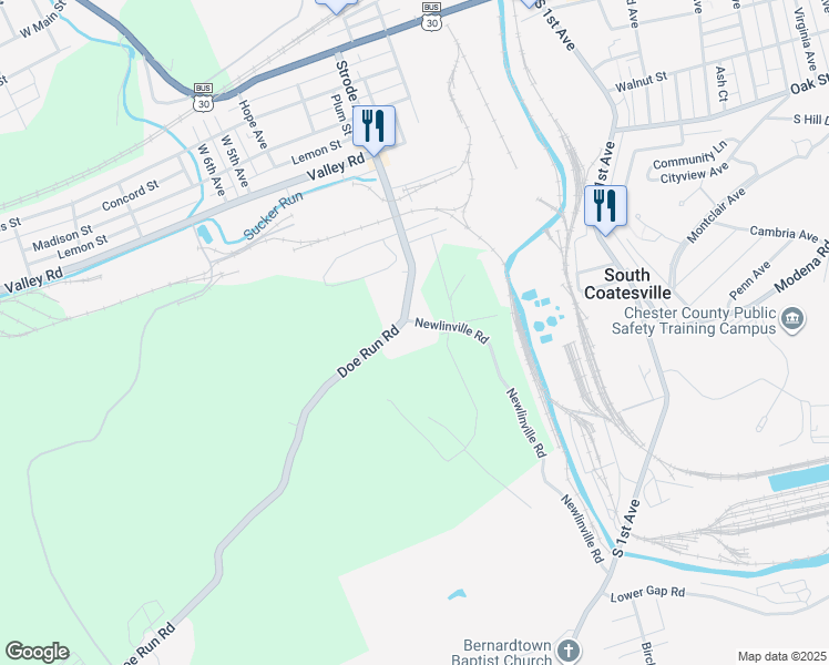 map of restaurants, bars, coffee shops, grocery stores, and more near 365 Strode Avenue in Coatesville
