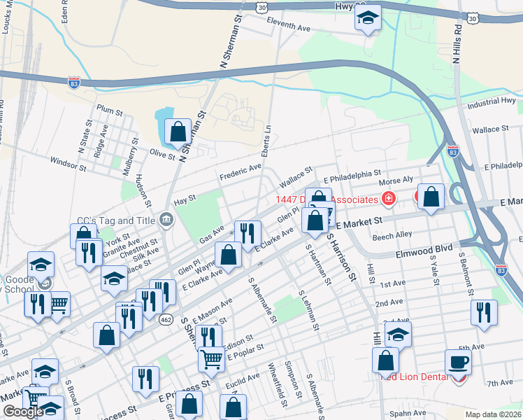 map of restaurants, bars, coffee shops, grocery stores, and more near 203 Eberts Lane in York