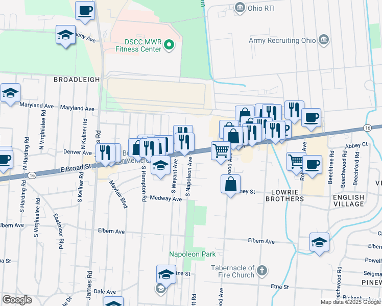 map of restaurants, bars, coffee shops, grocery stores, and more near in Columbus