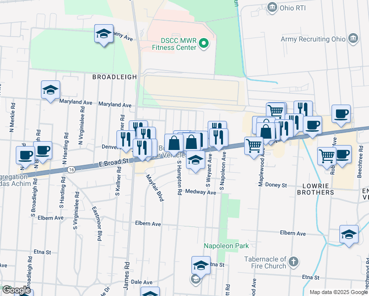 map of restaurants, bars, coffee shops, grocery stores, and more near 47 North Hampton Road in Columbus