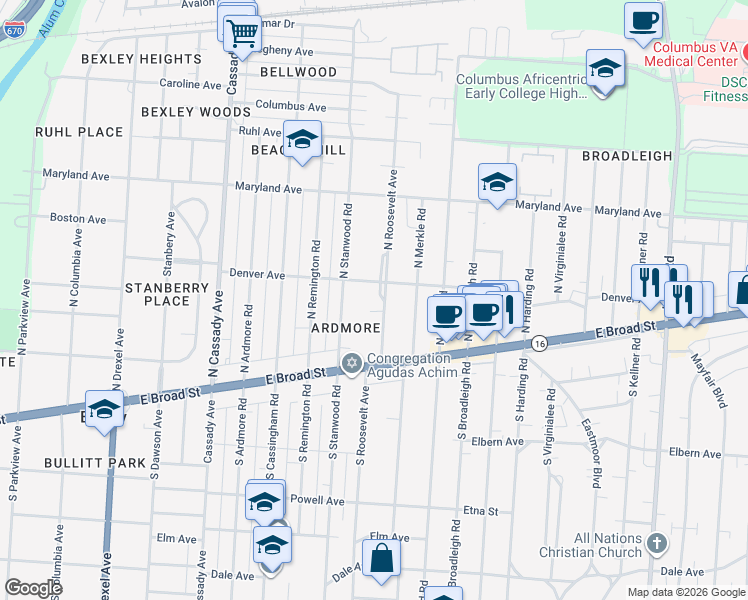 map of restaurants, bars, coffee shops, grocery stores, and more near 131 Denver Avenue in Bexley
