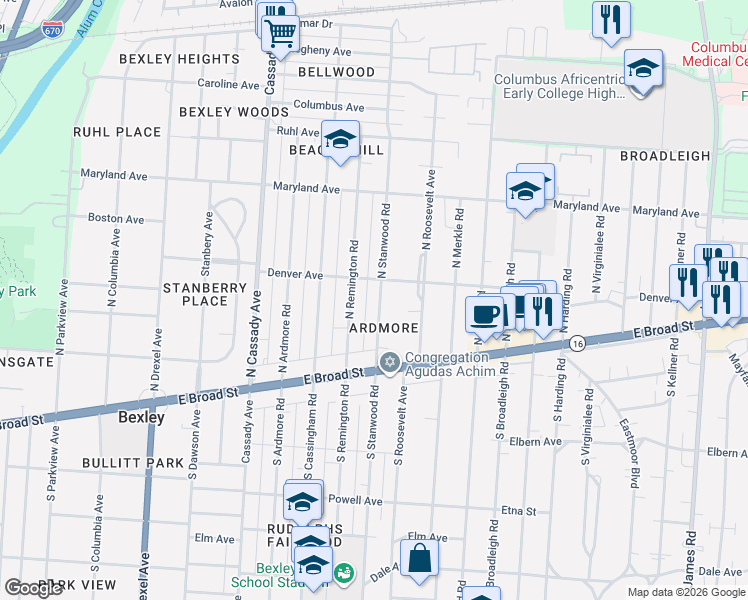map of restaurants, bars, coffee shops, grocery stores, and more near 139 North Stanwood Road in Columbus