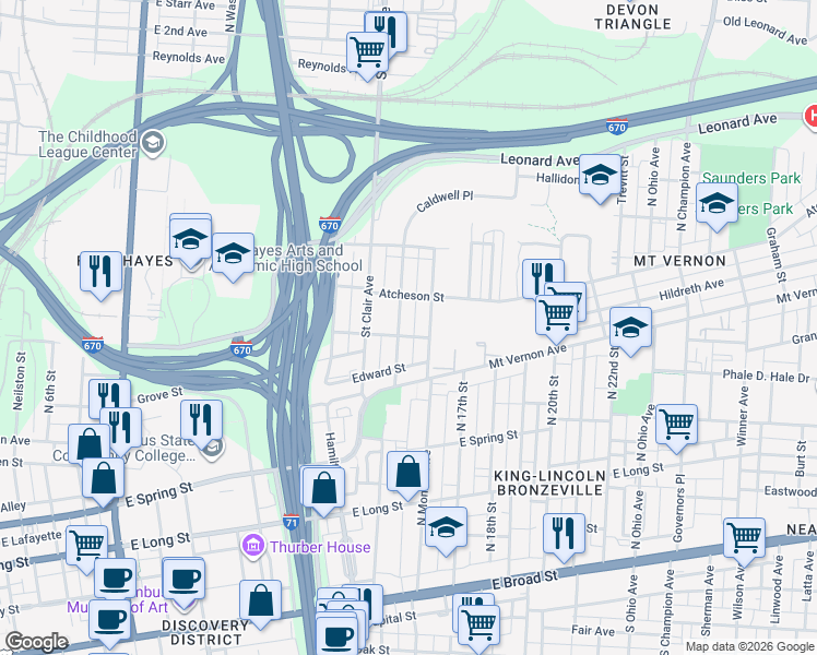 map of restaurants, bars, coffee shops, grocery stores, and more near 411 North Monroe Avenue in Columbus