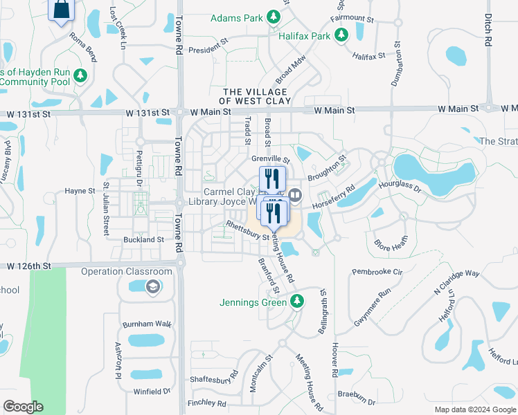 map of restaurants, bars, coffee shops, grocery stores, and more near 12863 Broad Street in Carmel