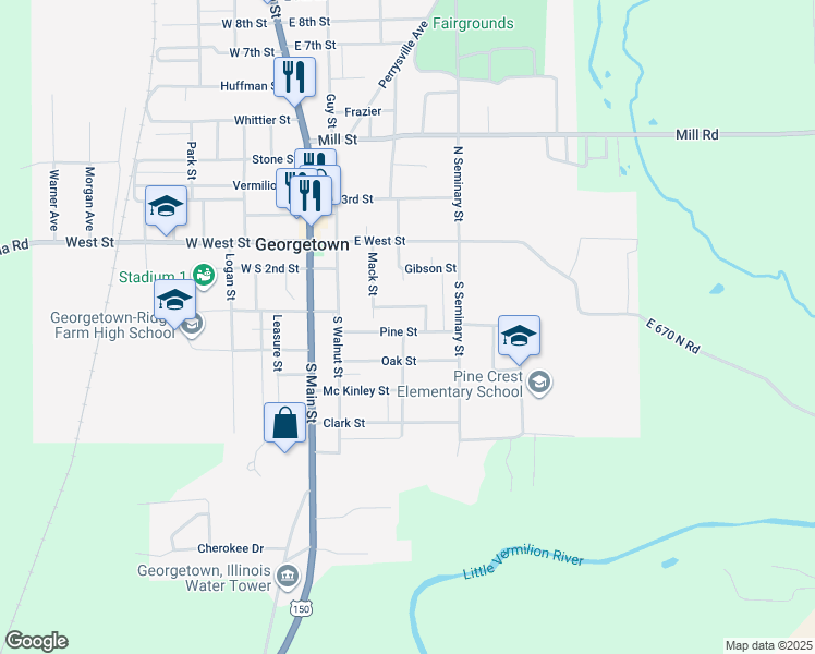 map of restaurants, bars, coffee shops, grocery stores, and more near 301-399 East Mulberry Street in Georgetown