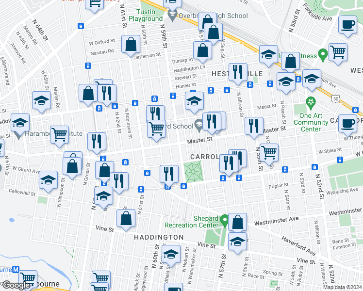 map of restaurants, bars, coffee shops, grocery stores, and more near 5838 West Master Street in Philadelphia