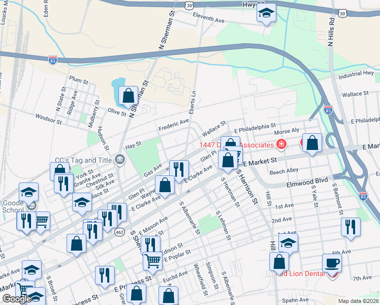 map of restaurants, bars, coffee shops, grocery stores, and more near 203 Eberts Lane in York