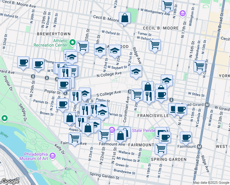 map of restaurants, bars, coffee shops, grocery stores, and more near 2315 South College Avenue in Philadelphia