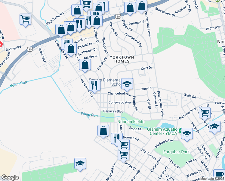 map of restaurants, bars, coffee shops, grocery stores, and more near 806 Pacific Avenue in York