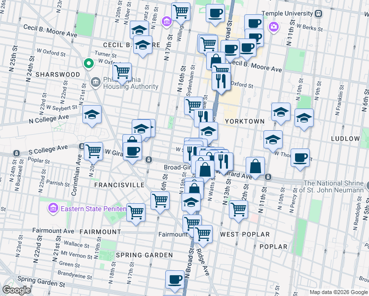 map of restaurants, bars, coffee shops, grocery stores, and more near 1303 North 15th Street in Philadelphia
