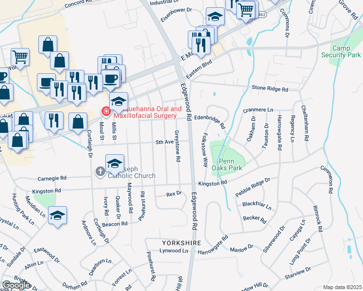 map of restaurants, bars, coffee shops, grocery stores, and more near 303 Greystone Road in East York