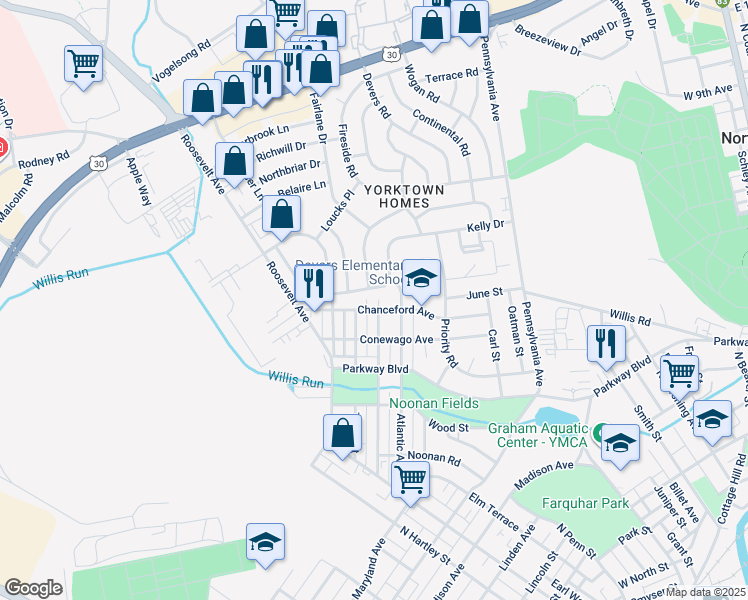 map of restaurants, bars, coffee shops, grocery stores, and more near 806 Pacific Avenue in York
