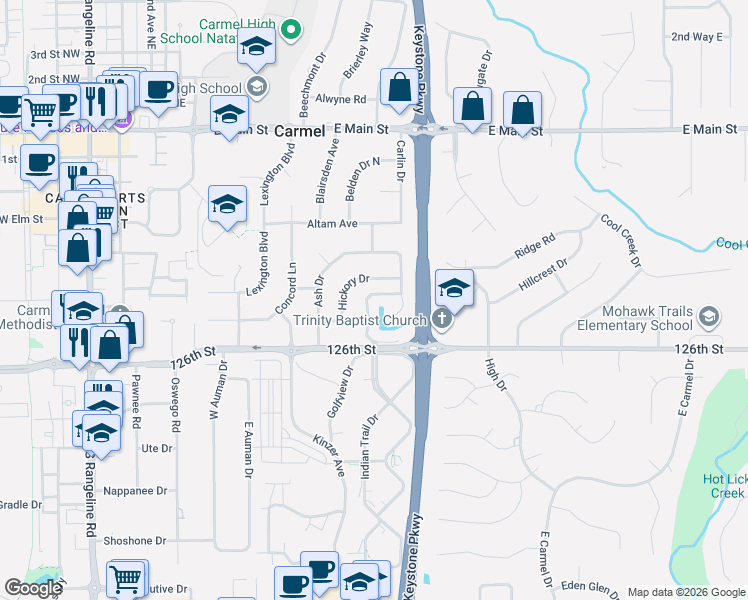 map of restaurants, bars, coffee shops, grocery stores, and more near 835 Hickory Drive in Carmel
